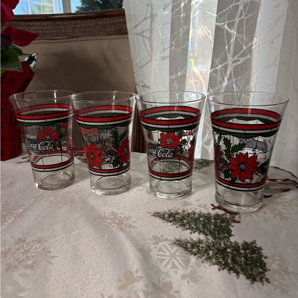 Coca Cola Festive Glass Set with Red and Green Poinsettia